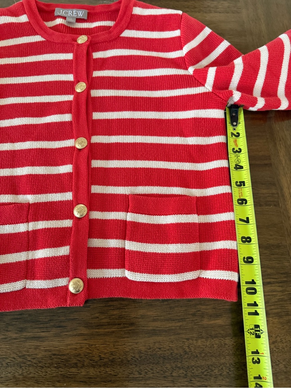 J. Crew Emilie sweater lady jacket a Red and Cream Striped Gold-Button Cardigan - Picture 7 of 7